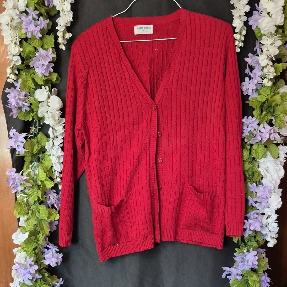Alfred Dunner Red Cable Knit V-Neck Button Cardigan